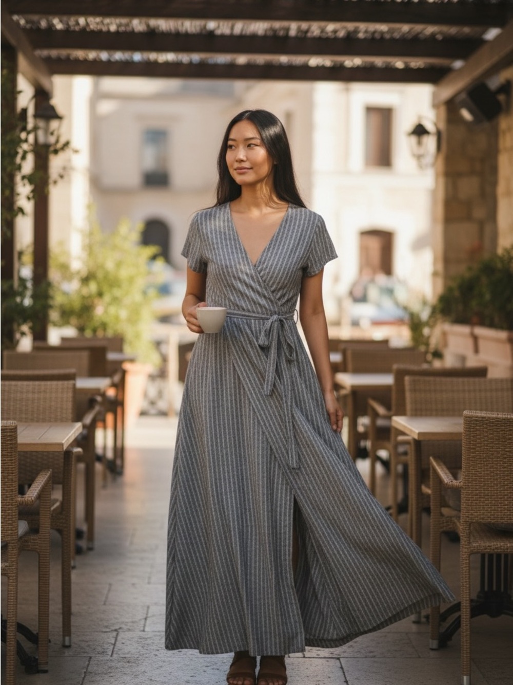 Banana Republic Linen Blend Stripe Wrap Midi Dress Size 0